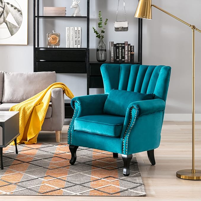 LZAREAL Accent Reading Arm Chairs Midcentury Modern Comfy Corner Sofa Chair, Wingback Waiting Room Club Chair with Tufted Back for Living Room/Bedroom/Reception Room, Velvet Teal
