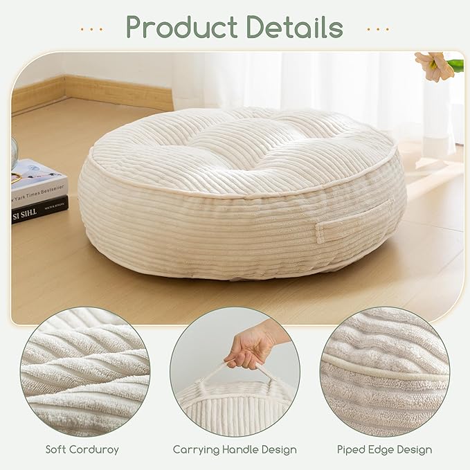 6" Washable Floor Pillow Cushion for Adults, Meditation Cushion Pillow, Large Round Floor Sitting, Removable Tufted Corduroy Cover, for Tatami Living Room or Yoga, 22x22 Inch, 2Pack, Machine Washable