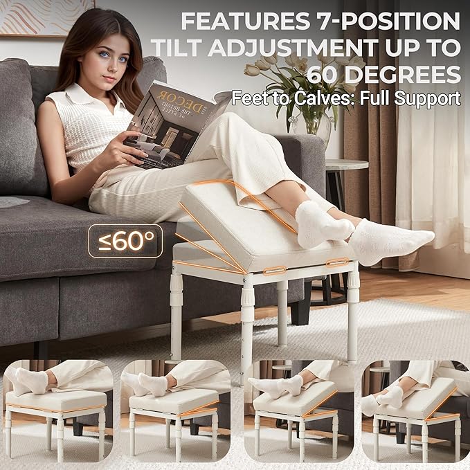 Adjustable Ottoman Pouf, 4 Height Position & 60 Degree Tilt Angle Adjustment Footrest Ottomans Footrest Foot Stools Pouffe Footstool for Under Desk for Living Room Home(Beige)