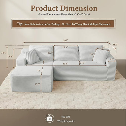 105" Sectional Couches for Living Room Cloud Couch Sofa with L-Shape Upholstered Boneless Couchs Modern Modular Sectional Couch with Chaise (Light Grey, 105" W+Left Facing Chaise+2Seaters)