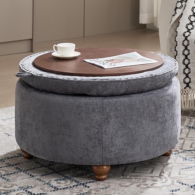 WUTUTUEE 30Inch Round Storage Ottoman with Tray, Modern Tufted Circle Coffee Table with Storage, Upholstered Ottoman with Removable Top for Living Room, Bedroom, Chenille Blue
