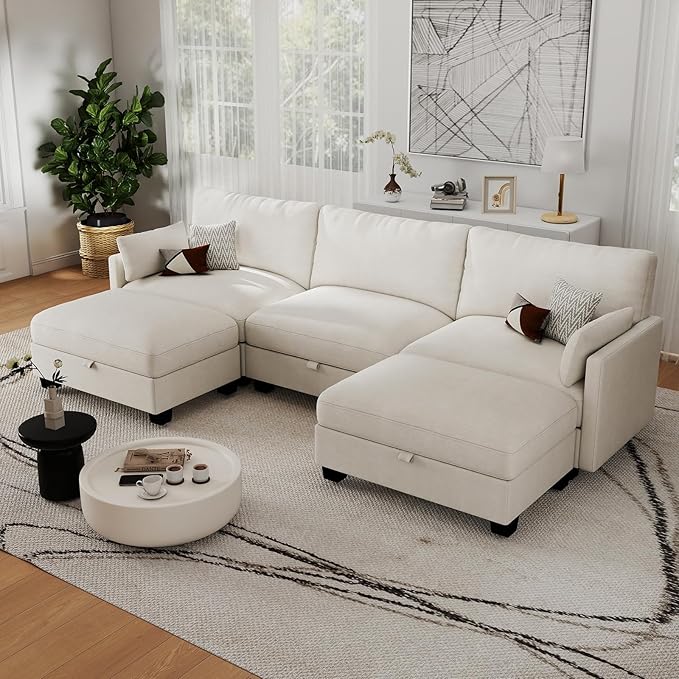 Modular Sectional U Shaped Sofa Couches for Living Room, Cloud Couch with Storage Ottoman, Comfy Chenille Sofa with Pillow, Beige