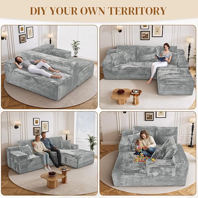 108" Boneless Cloud Sectional Couches for Living Room, Comfy Fluffy L Shaped Memory Foam Deep Seat Boneless Couch, Modular Sectional Sofa with Right Facing Chaise, Grey