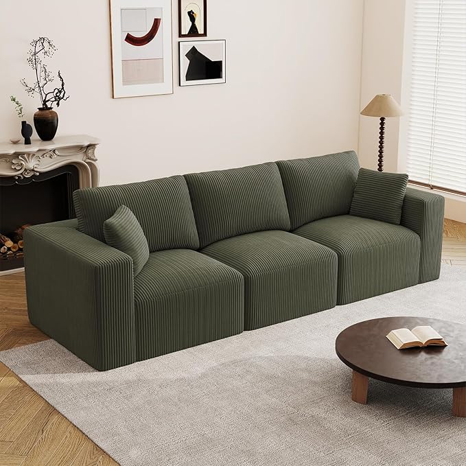 110" Modular Sectional Sofa, Cloud Couch Memory Foam 3-Seater Boneless Sofa, Cozy Upholstered Corduroy Frameless Couch, No Assembly Required Extra Wide Seating for Living Room & Apartment, Green