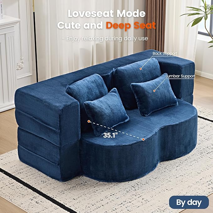 Orynveela Convertible Folding Sofa Bed, 78” Full Size Floor Sleeper Couch, Chenille Full Foam Futon Loveseat for Living Room Bedroom, No Assembly Required (Deep Blue)