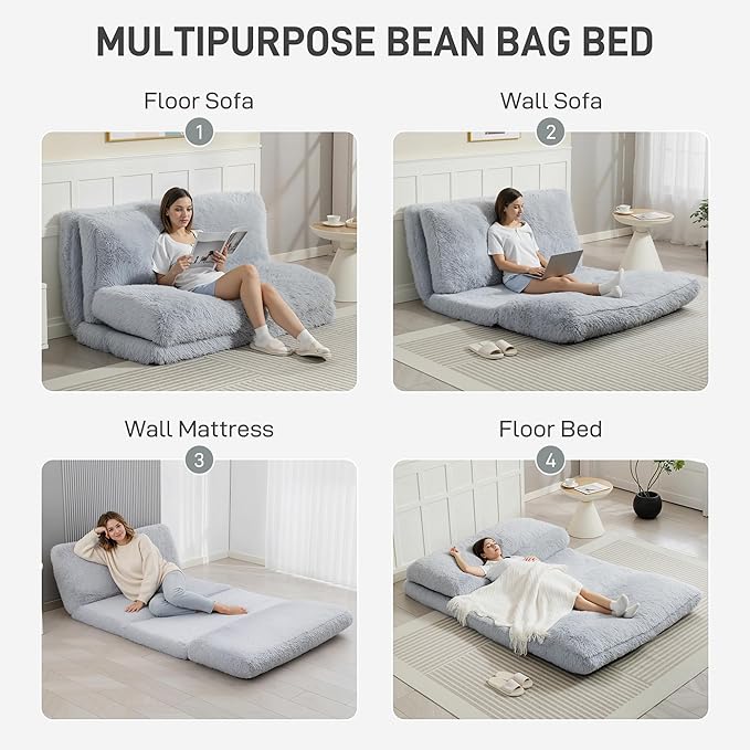 HOMCOM Bean Bag Chair Floor Sofa Bed for Adults, Thick Long Folding Sofa Bed 54 x102 in, Wall Couch Sleeper Chair Floor Mattress for Living Room, Light Gray