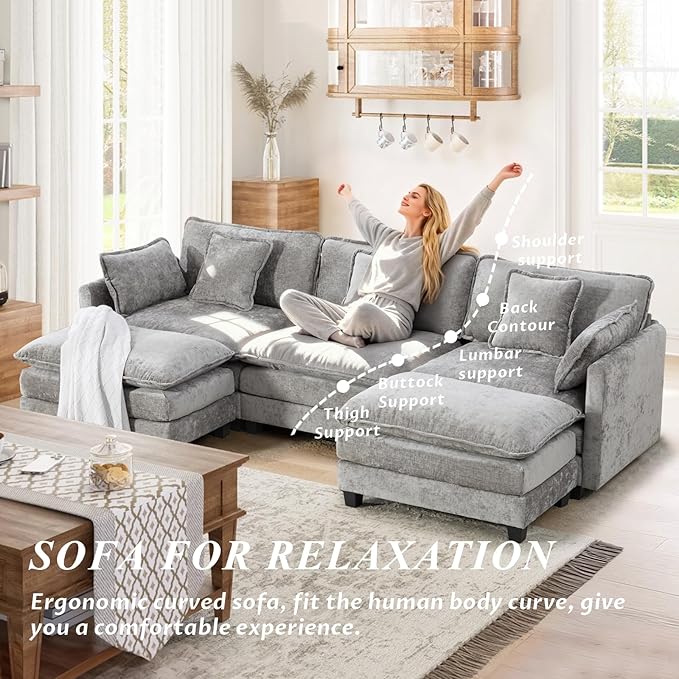 SoarFlash 113.78" Chenille Sectional Sofa, Comfy U Shaped Modular Coush Sofa with Ottoman, Modern 4 Seat Couch Deep Seat Sofa Set for Living Room,Grey