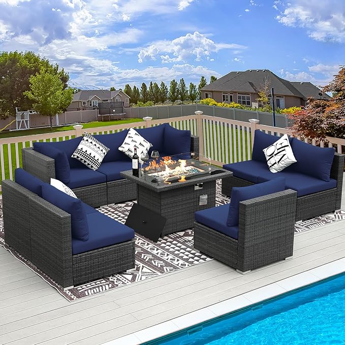 RADIATA 9 Piece Wicker Patio Furniture Set with Fire Pit, All-Weather Outdoor Sectional Couch High Back Large Size, Modular Backyard Seating Sofa Set with Propane/Natural Gas Firepit Table, Grey&Blue
