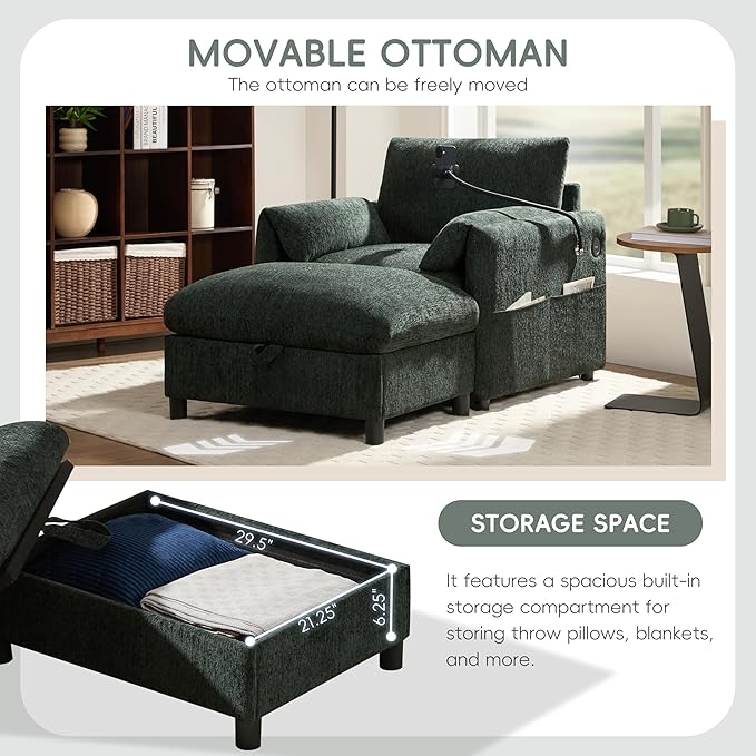 Chenille Single Sofa with Storage Ottoman, Adjustable Phone Holder, USB Charger, Side Storage Pockets, Pillow-Like Armrests, Wide Seat Chaise Lounge for Living Room & Apartment, 4 Colors