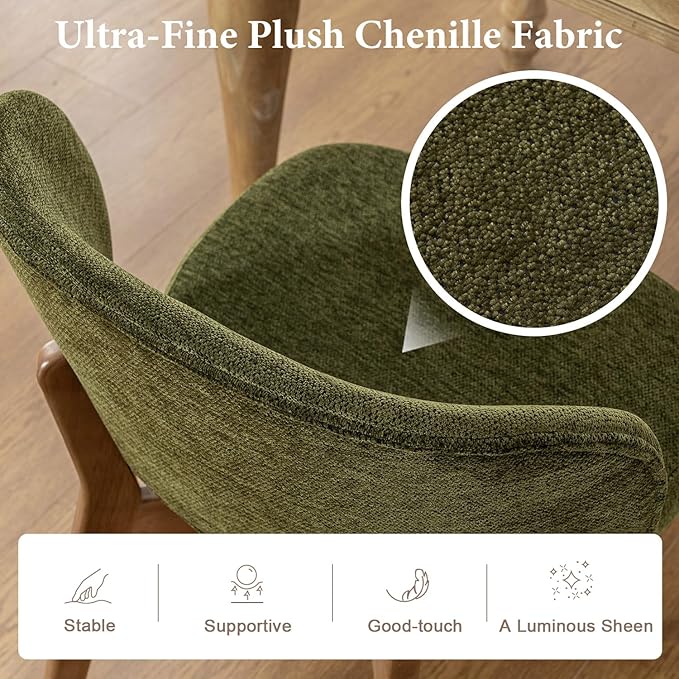 YOUNUOKE Boucle Dining Chairs Set of 6, Mid Century Modern Chenille Dining Room Chair with Soild Wood Legs, Upholstered Widen Backrest Comfy Armless Side Kitchen Chairs, Green