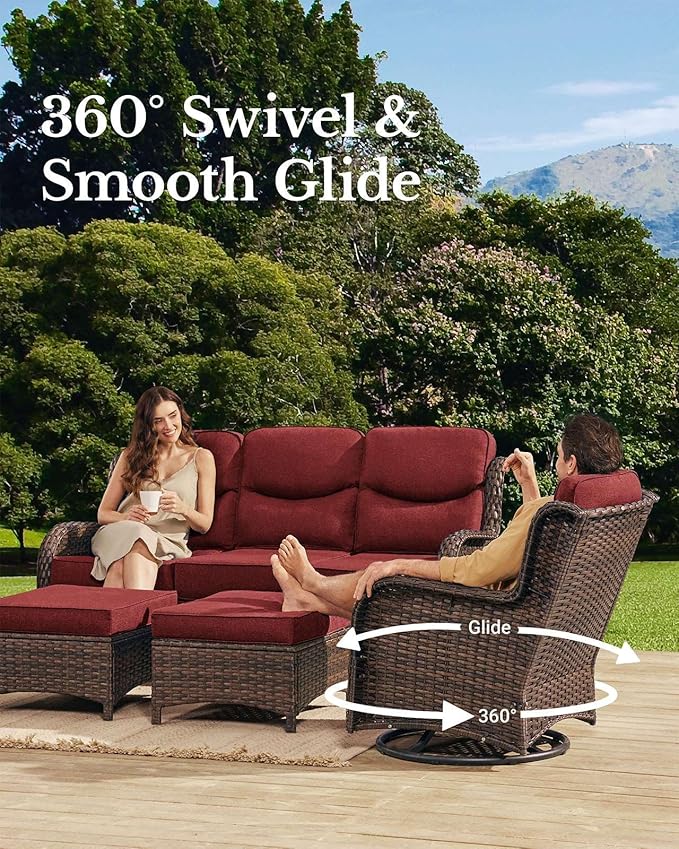 HILLGA Luxury Patio Furniture Set with 6-inch Thick Cushion, Outdoor Couch and High Back Swivel Rocker Patio Chairs, 6PCS Wicker Conversation Set for Deck Yard and Poolside, Burgundy (V2)