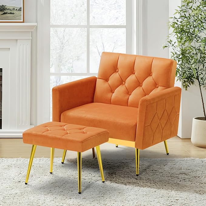 ACMEASE Velvet Accent Chair w/Adjustable Armrests and Backrests, Tufted Single Sofa with Ottoman, Upholstered Reading Chiar for Living Room, Apartment, Bedroom, Orange
