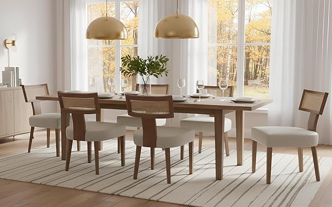 RIVOVA Upholstered Dining Chairs Set of 6 with Rattan Back, Modern Wooden Kitchen Chairs PU Leather Side Dining Room Chair Farmhouse Dinner Chair, Grey