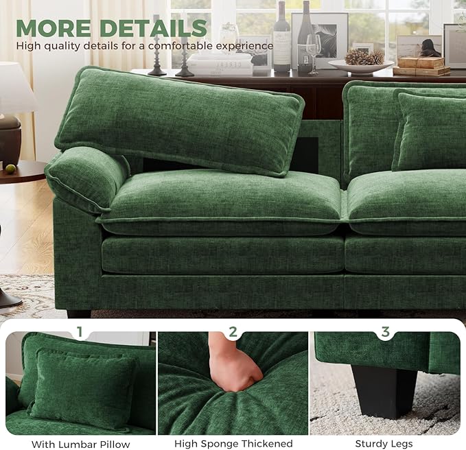 CDCASA 86" Modular Sectional Sofa, Comfy Cloud Couch with 2 Movable Ottoman, 4-Seater Chenille Deep Seat Sofa Bed Modern Sofa Couch for Living Room, DIY Combination, Green