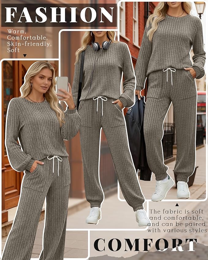 Sweetyweee Women's Ribbed Knit Lounge Sets 2 Piece Outfits Long Sleeve Pajamas Set Loungewear Sweatsuits Fall Pjs with Pocket