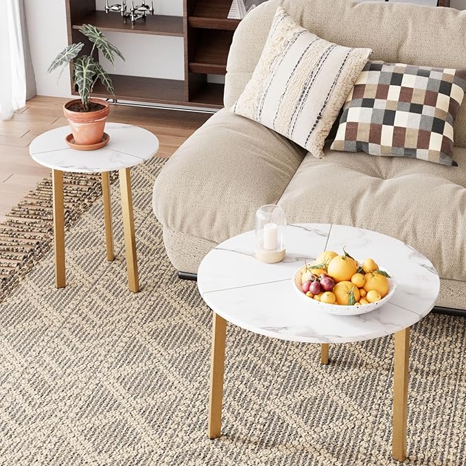 SUNBURY Coffee Table Nesting White Set of 2, Round Coffee Table 23.6", Side Tables for Living Room Bedroom Balcony Yard