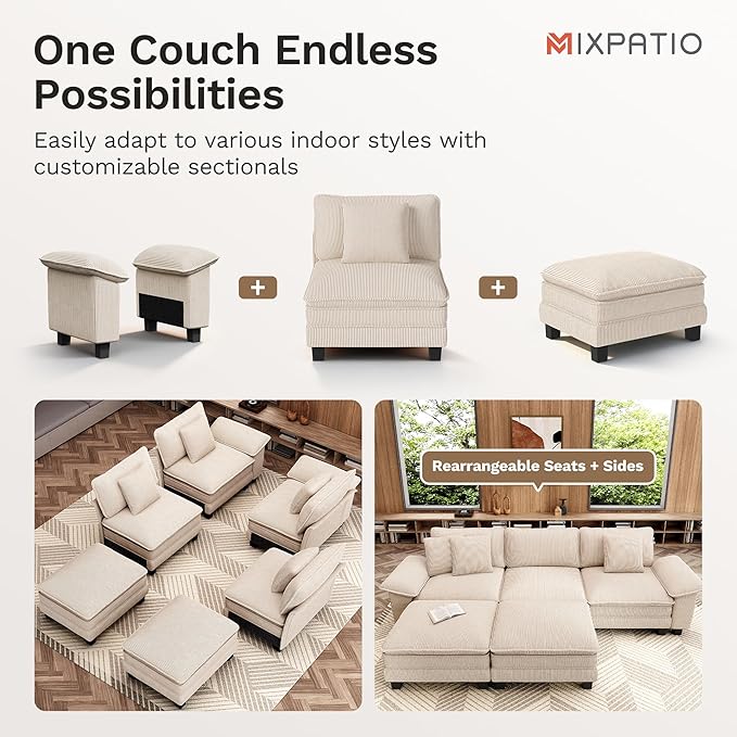 MIXPATIO 87" Cloud Modular Sectional Loveseat, 2-Seater w/Deep Seat & Removable Arms, Plush Corduroy for Small Living Room & Apartment - Beige