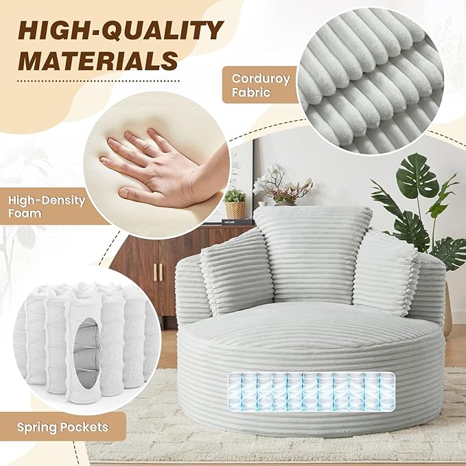 48"W Oversized Round Chaise Longue Chair Indoor,Corduroy Fluffy Comfy Cloud Chair,Circle Bean Bag Sofa with Foam Filling & Pillows,Boneless Reading Cozy Sofa Chairs for Living Room,Bedroom,Light Grey