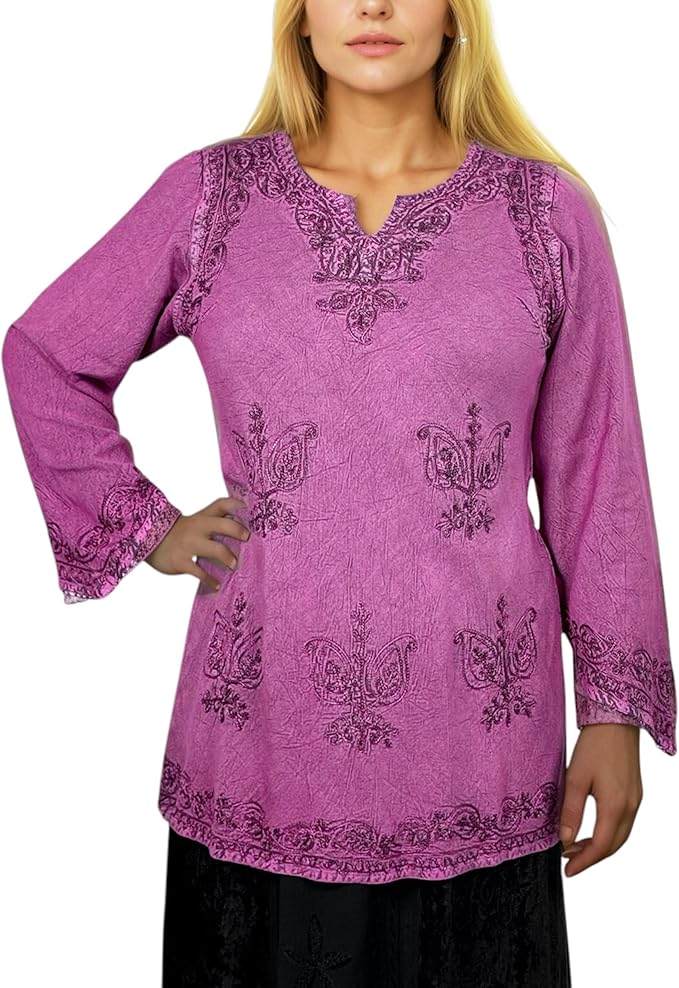 Agan Traders 2025 Winter Long Sleeve Diamond Neck Embroidered Tops - Medieval Boho Vintage Tunic Kurta Blouses for Women
