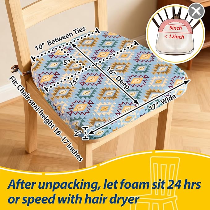 AAAAAcessories D-Shaped Chair Cushions, 2" Thick Dining Chair Pads with Ties and Removable, Machine-Washable Cover, 17" x 16", Set of 4, Geometric Blue