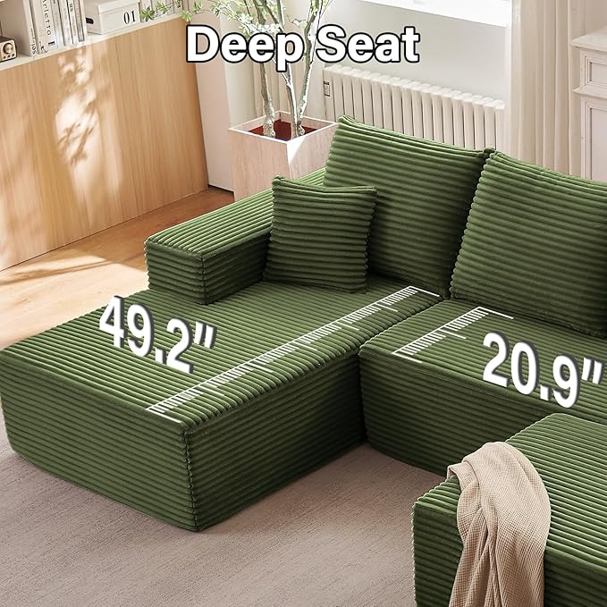 107" W Cloud Sectional Couch with Ottoman,Modern U-Shaped Cloud Couch with Deep Seat,Comfy Corduroy 3-Seater Sofa,Memory Foam Sofa for Living Room,No Assembly (Green,Right-Facing Chaise)