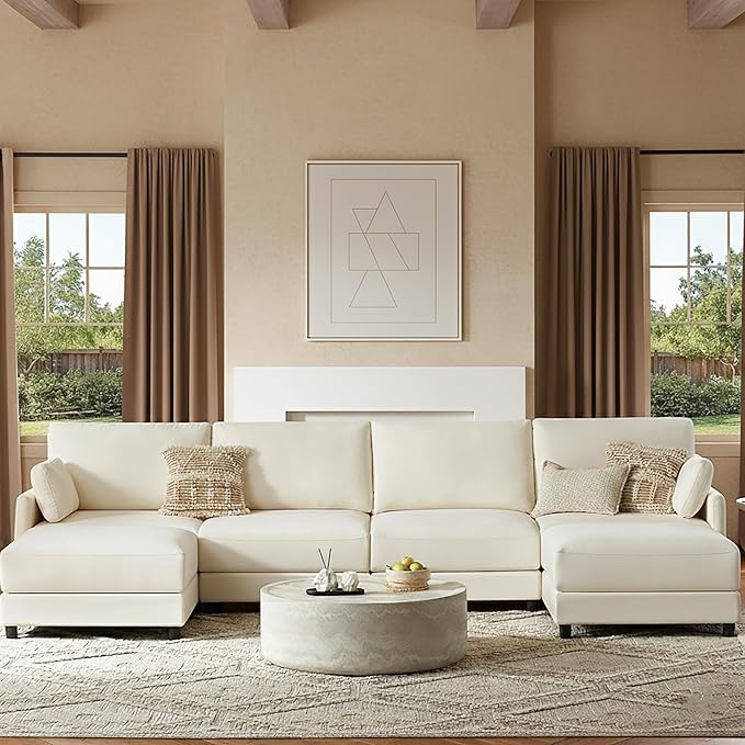 CHITA U Shaped Modular Sectional Sofa with 2 Ottoman, Modern Cloud Couch for Living Room and Apartment, 6 Seat Extra Comfty Sofa, Removable Cover, 141 Inch Width, Cream