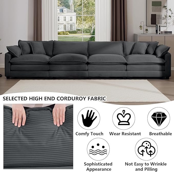 Aoowow Corduroy 4 Seater Sofa Couch,Modern Large Cloud Couches for Living Room,Tufted Modular Sectional Cloud Sofas with Deep Seat,Oversized 4 Seat Sofa Set (Grey, 4 Seater)