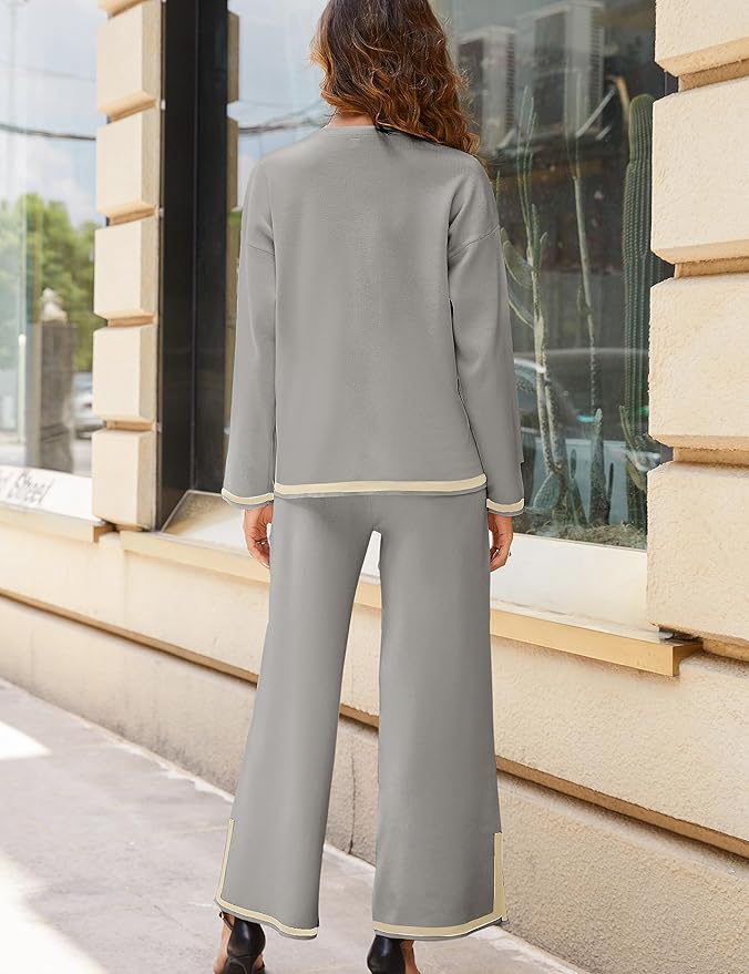 Tanming Women's 2 Piece Outfits Long Sleeve Knit Sweater Top Wide Leg Pants Lounge Sets Tracksuits