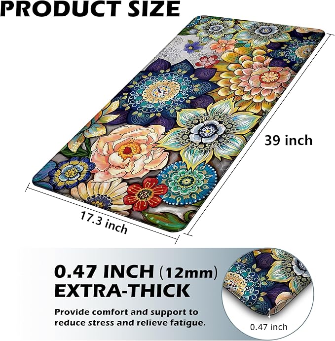 Floral Kitchen Rug Mat for Floor Boho Cushioned Anti-Fatigue Mat Memory Foam Standing Desk Padded Comfort Floor Mat for Sink, Office, Laundry, 17.3x39 Inch - 1/2 Inch Thick
