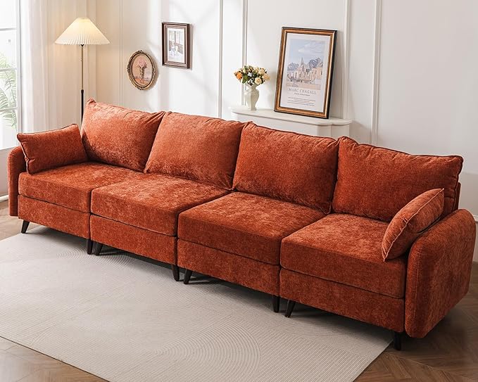 Rexulqo 135'' Modular Sectional Sofa with All Seats Storage,Oversized 4-Seater Comfy Cloud Couches with Deep Seat,Big Couch for Living Room,Bedroom,Velet,Orange