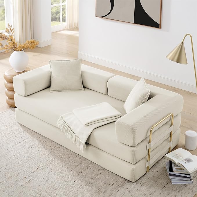 Antetek Convertible Futon Sofa Bed, 3 Seater Modern Corduroy Foam Floor King Size Bed Fold Out Sleeper Lounge Loveseat Sofa Couch with 2 Throw Pillows for Living Room Bedroom Guest Room, Beige