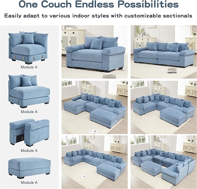 KEIKI 168" Oversized Corduroy Modular Cloud Sectional Sofa with High-Density Foam Cushions, Extra-Thick Armrest, Upholstered Modern 4-Seater Fluffy Corner Couch with 12 Pillow, for Living Room, Blue