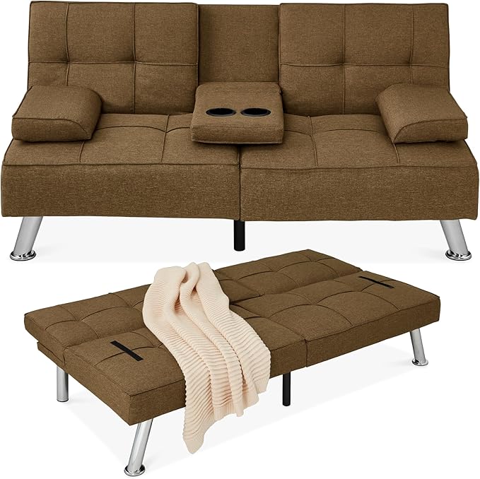 Best Choice Products Linen Modern Folding Futon, Reclining Sofa Bed for Apartment, Dorm w/Removable Armrests, 2 Cupholders - Brown