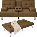 Best Choice Products Linen Modern Folding Futon, Reclining Sofa Bed for Apartment, Dorm w/Removable Armrests, 2 Cupholders - Brown