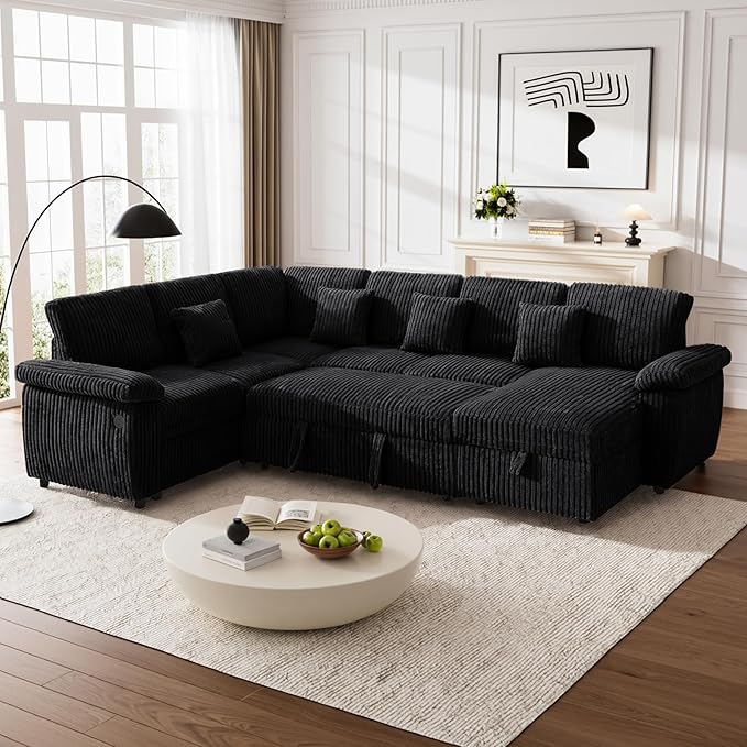 Modular Sectional Sleeper Sofa with Pull Out Bed, Storage Chaise & USB Charging, U Shaped Plush Corduroy Black Sectional Couches for Living Room, Comfy Convertible 7 Seat Cloud Sofa Bed, Black