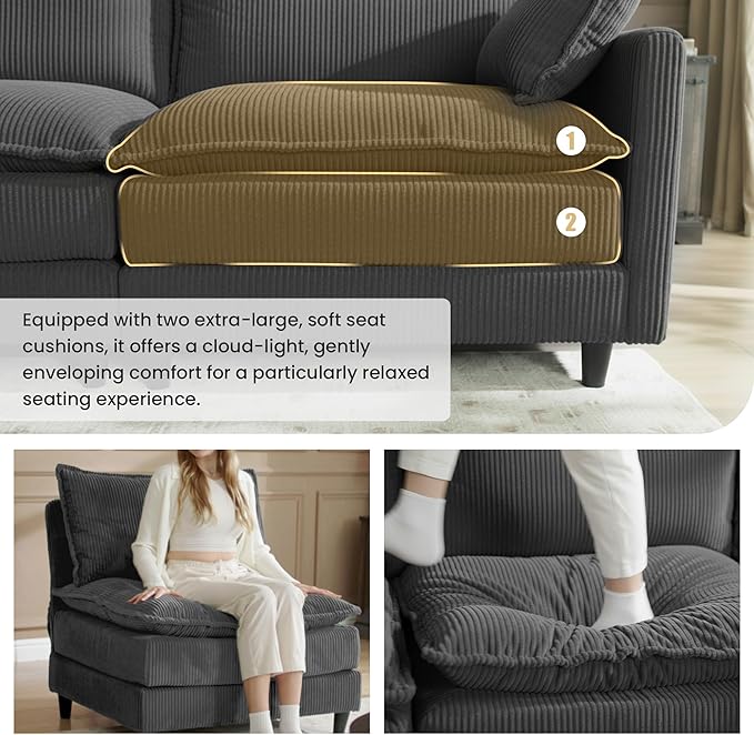 Apicizon 108" Cloud Couch Sectional, Modern Corduroy Cloud Sofa Set with Side Storage Pocket, Comfy Convertible Sleeper Couch with Chaise for Living Room, Apartment, Office, Grey