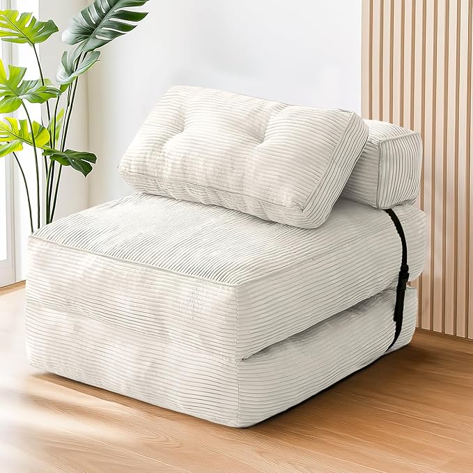 tantohom Folding Sofa Bed, Convertible Sleeper Chair with Pillow Foldable Mattress with Back Support,Space-Saving Sofa for Living Room,Bedroom (White)
