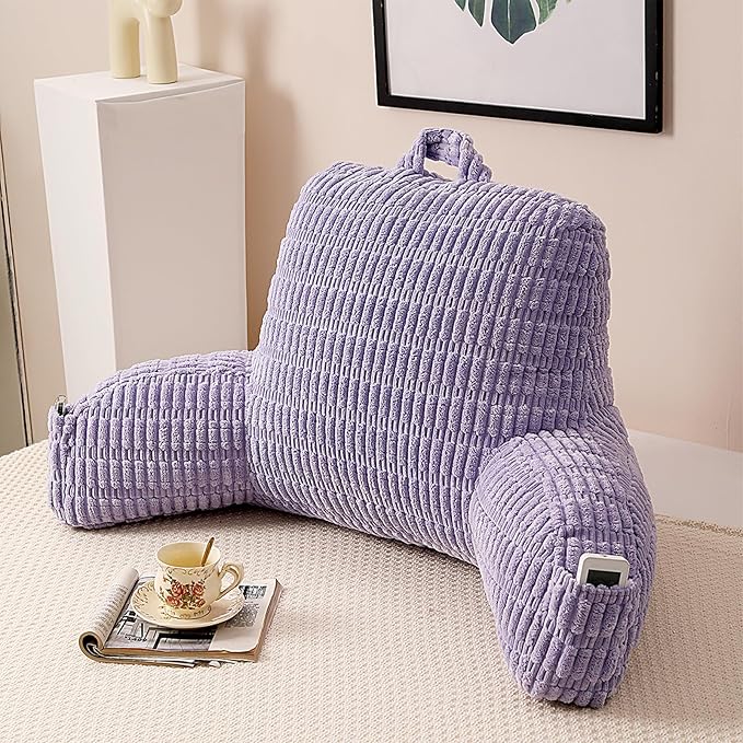 PAJEO Reading Pillow for Sitting in Bed, Large Backrest Reading Pillow with Arm Rest,Back-Rest Support Cushion for Sit Up on Couch, Sofa, and Floor (Light Purple Corduroy, Standard(17"))