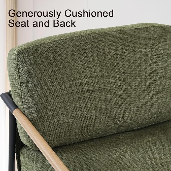 2PCS Green Accent Chair Set of 2 Chenille Mid Century Modern Armchair with Upholstered Soft Cushion for Living Room,Lounge,Bedroom,Wood-Grain Metal Armrest Legs