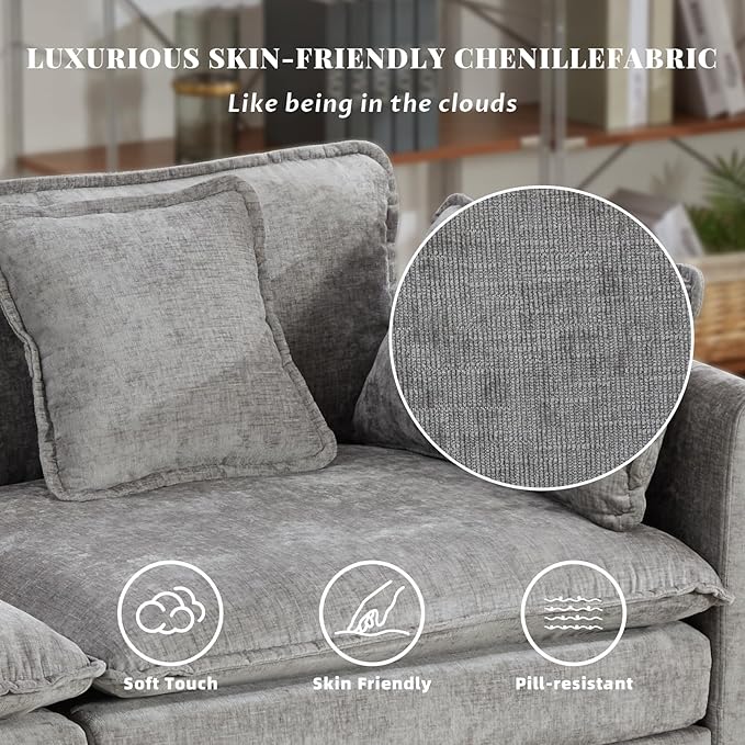 SoarFlash 149.61" Chenille Sectional Sofa, Comfy U Shaped Modular Coush Sofa with Ottoman, Modern 4 Seat Couch Deep Seat Sofa Set for Living Room,Grey