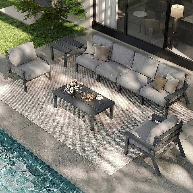 Patio Kingdom 7 Piece Patio Furniture Set, HDPE Outdoor Sectional with Gray Washable Thick Cushions, Coffee Table & Side Table, Patio Conversation Sets for Lawn, Garden, Porch, Balcony (Grey Frame)