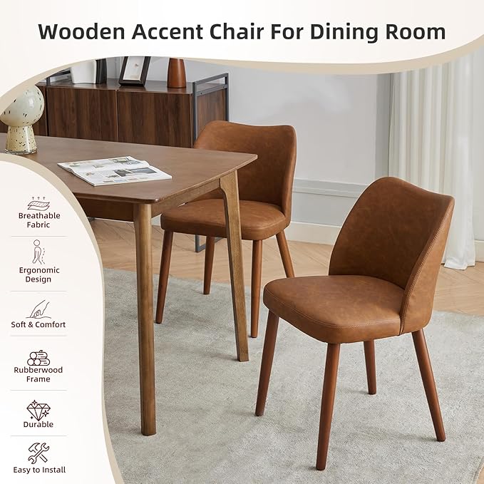 ElfinAura Dining Chair Set of 6, Leather Upholstered Dining Chair with Wood Legs, Wing Backrest, Wooden Kitchen Chair, Kitchen Chairs with Thick Cushions for Dining Room, Living Room, Brown