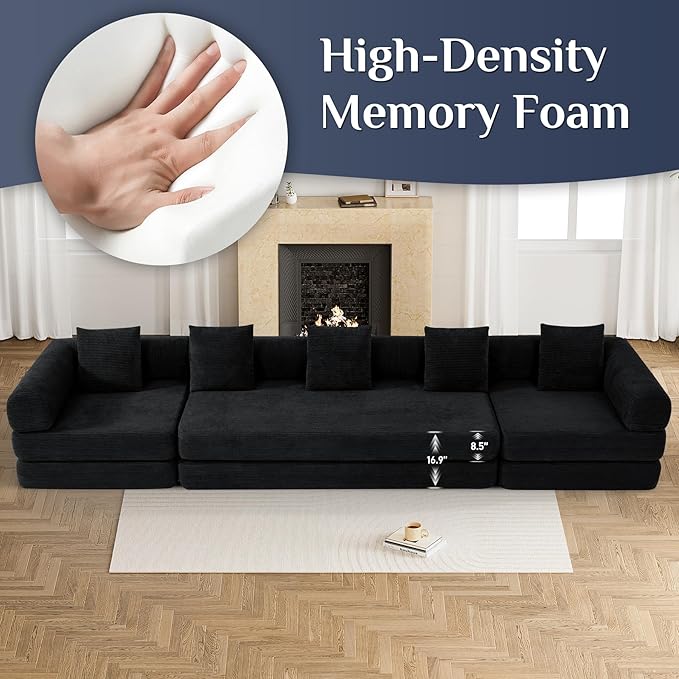 DAMAIFROM 157" Modular Sectional Loveseat Sofa Cloud Boneless Couch, Modern Sleeper Sofa for Customizable Living Spaces, Cozy Modular Couch for Indoor Room, No Assembly Required, Black