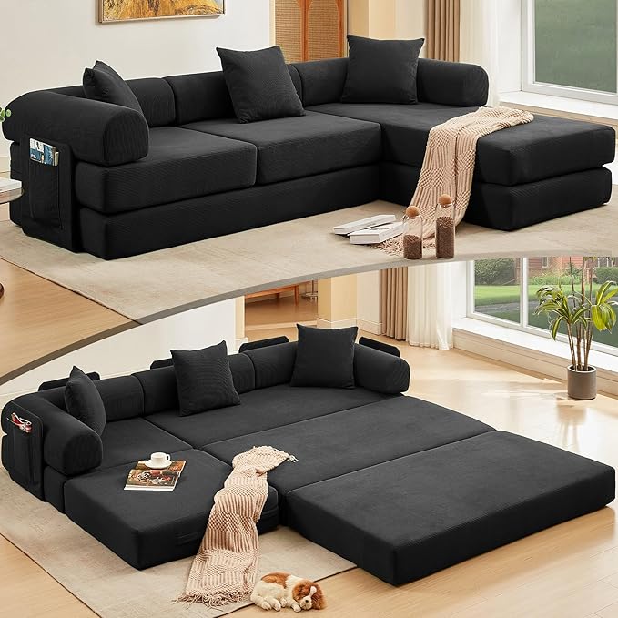 L Shaped Convertible Modular Sofa Bed with Cylindrical Pillow & Reversible Chaise, Corduroy Folding Floor Sofa Couch Bed with Fixed-Shape Frame & Storage Pocket for Living Room, Black