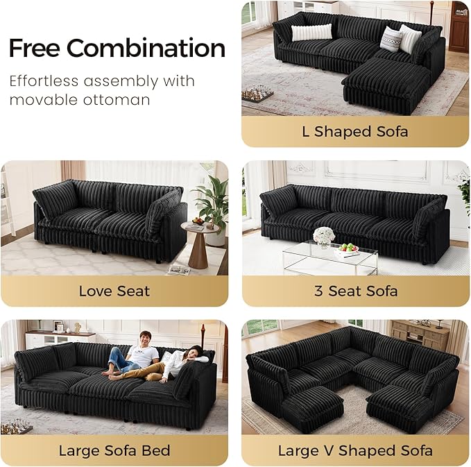 KKL Modular Sectional Couch for Living Room, V Shaped Corduroy Couches with 2 Ottomans, 7 Seater Oversized Sofa, Soft Fabric Modern Sofa, Black