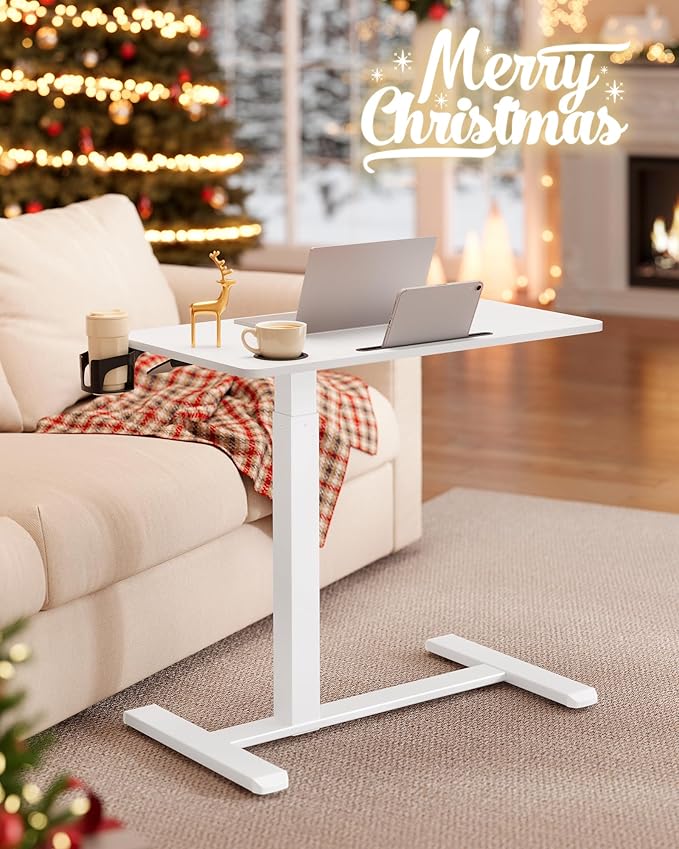 VASAGLE Overbed Table with Wheels, Mobile Standing Computer Desk, 31.5 x 17.7 Inches Tabletop, Adjustable Height, 2 Cup Holders, Phone and Tablet Slot, Cloud White ULSD601W01