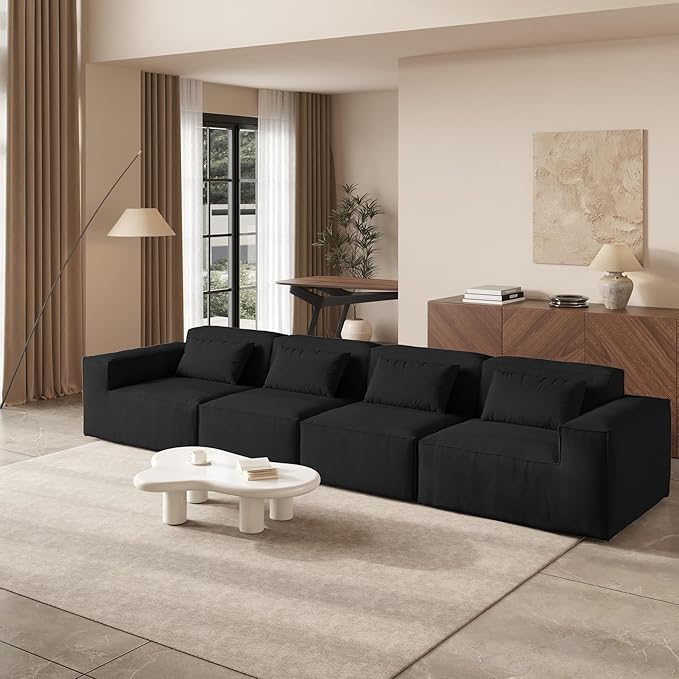 JACH 149" Cloud Sectional Couch, Huge Plus 4 Seater Modular Sofa, Modern Comfy Corduroy Couches, Sofas Furniture for Living Room, Office, Apartment, Black
