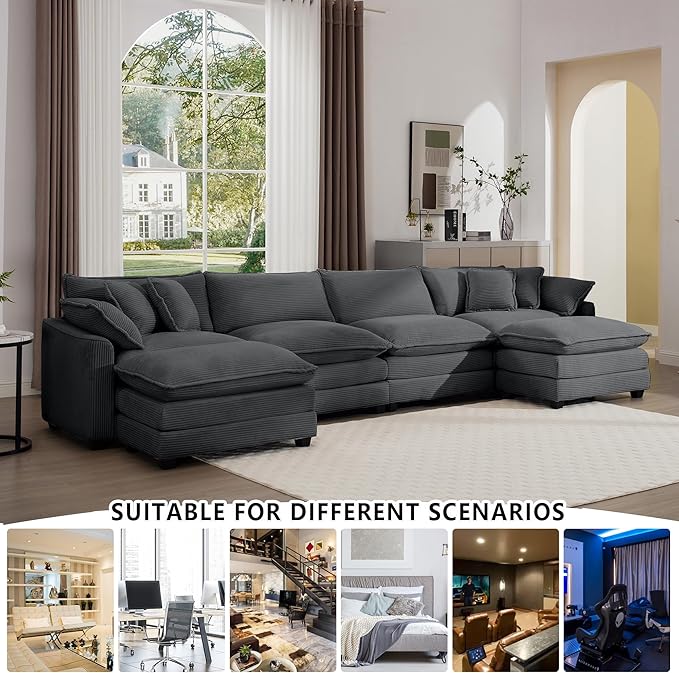 Aoowow Corduroy 4 Seater Couch with Ottomans,Modern Large Cloud Couches for Living Room,U Shaped Modular Sectional Cloud Sofas Deep Seat,U Shape Oversized Tufted Sofa Set (Grey, 4 Seater + 2 Ottoman)