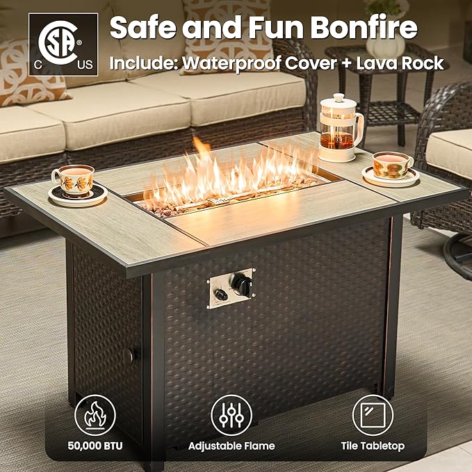 ovios 5 Pieces Patio Furniture Set, Outdoor Wicker Sofa Couch with Swivel Chairs 42" Fire Pit Table, High Back Modern All Weather Conversation Sets, Brown Rattan, Beige