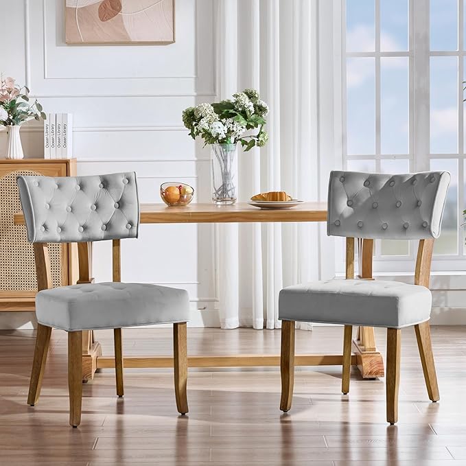 UVV Upholstered Dining Chairs Set of 4, Mid Century Modern Tufted Kitchen Chairs Dining Room Chairs, Velvet Dinner Chair with Wood Legs for Dining Room Kitchen, Light Grey